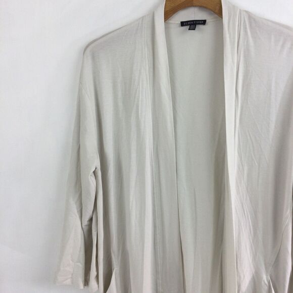 Eileen Fisher Tencel Lyocell Open Front Long Stretch Knit Cardigan In Bone Small - Picture 2 of 14
